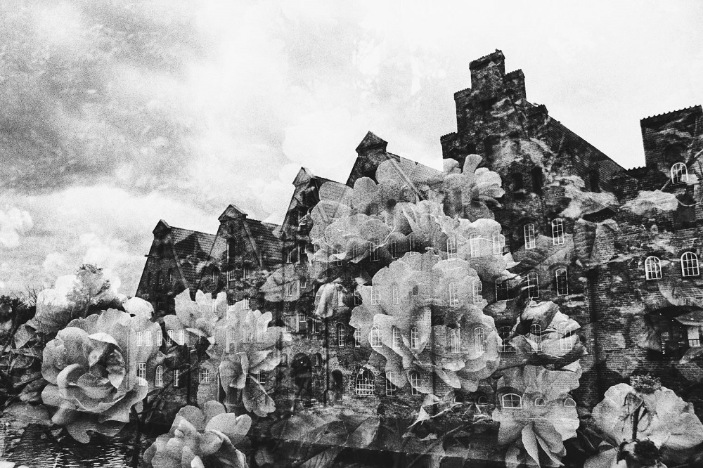 black and white double exposure of the Salzspeicher building in Lübeck